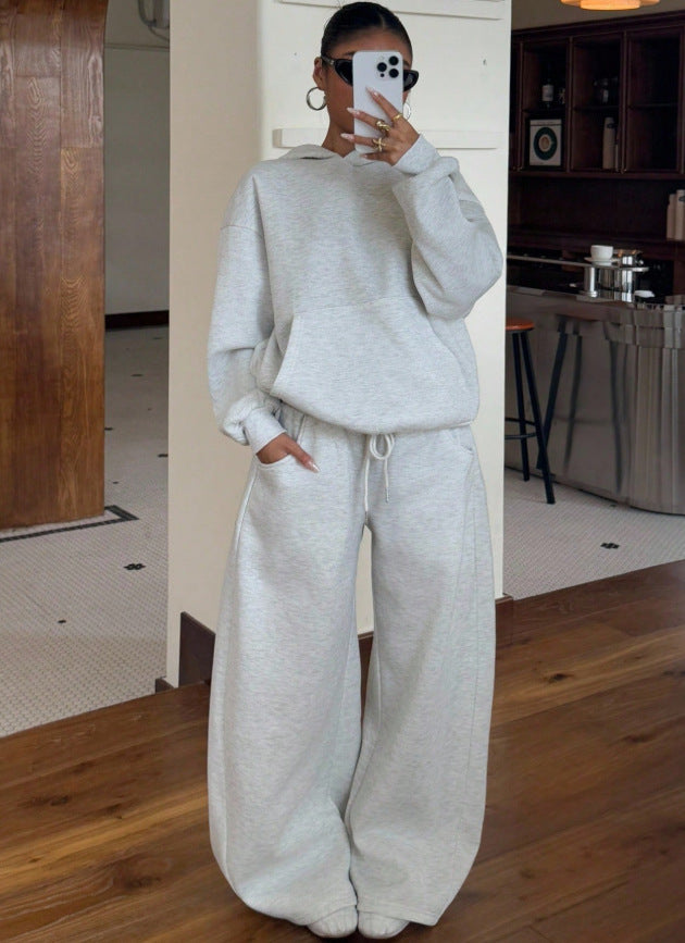 Grey Hooded Sweatshirt Wide Leg Pants Set