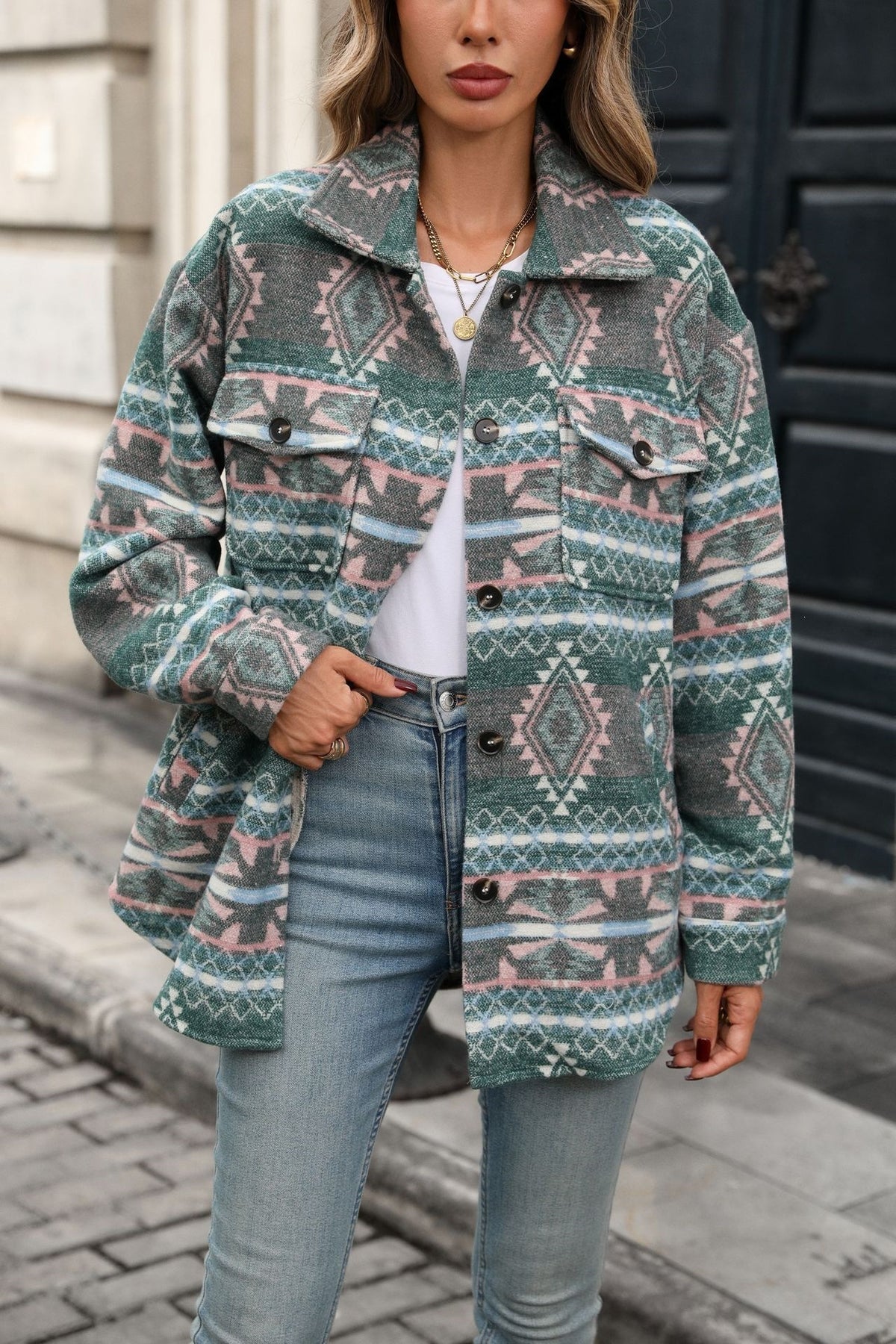 Women's Aztec Oversized Shacket Button Front Jacket