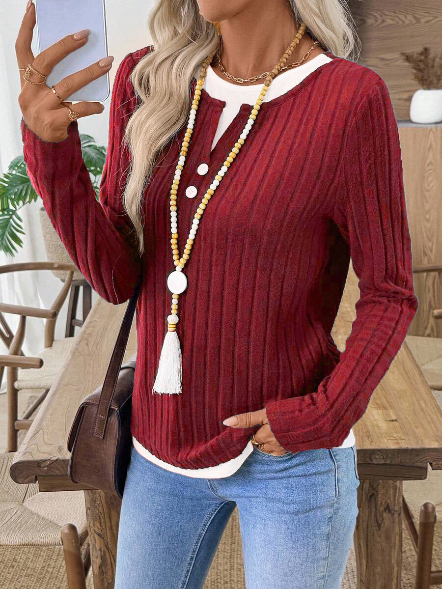 Solid Brushed Knit Top Casual Ribbed Henley Tee