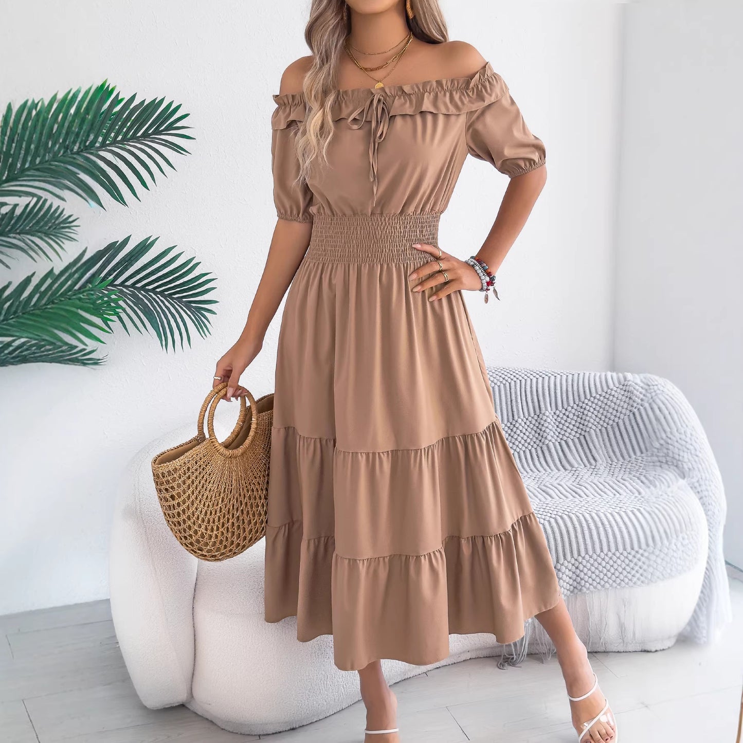 Green Off Shoulder Smocked Waist Ruffle Maxi Dress