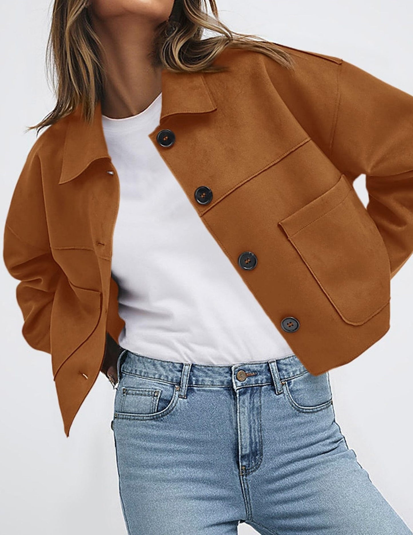 Solid Suede Jacket Western Cropped Button Front