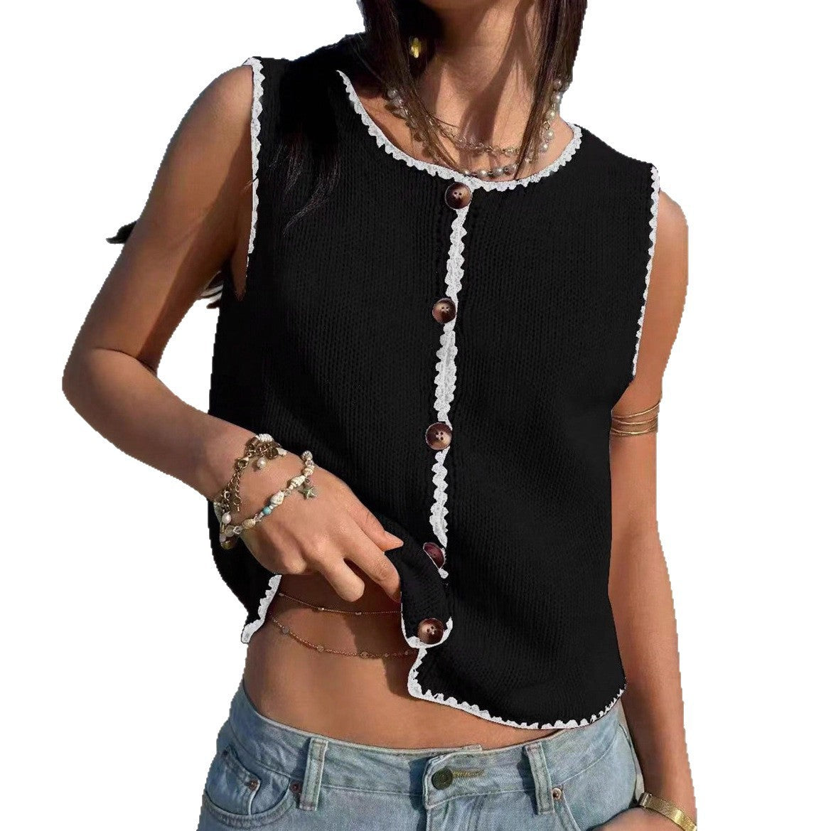 Y2K Contrast Trim Knit Tank Top Sleeveless Button Vest