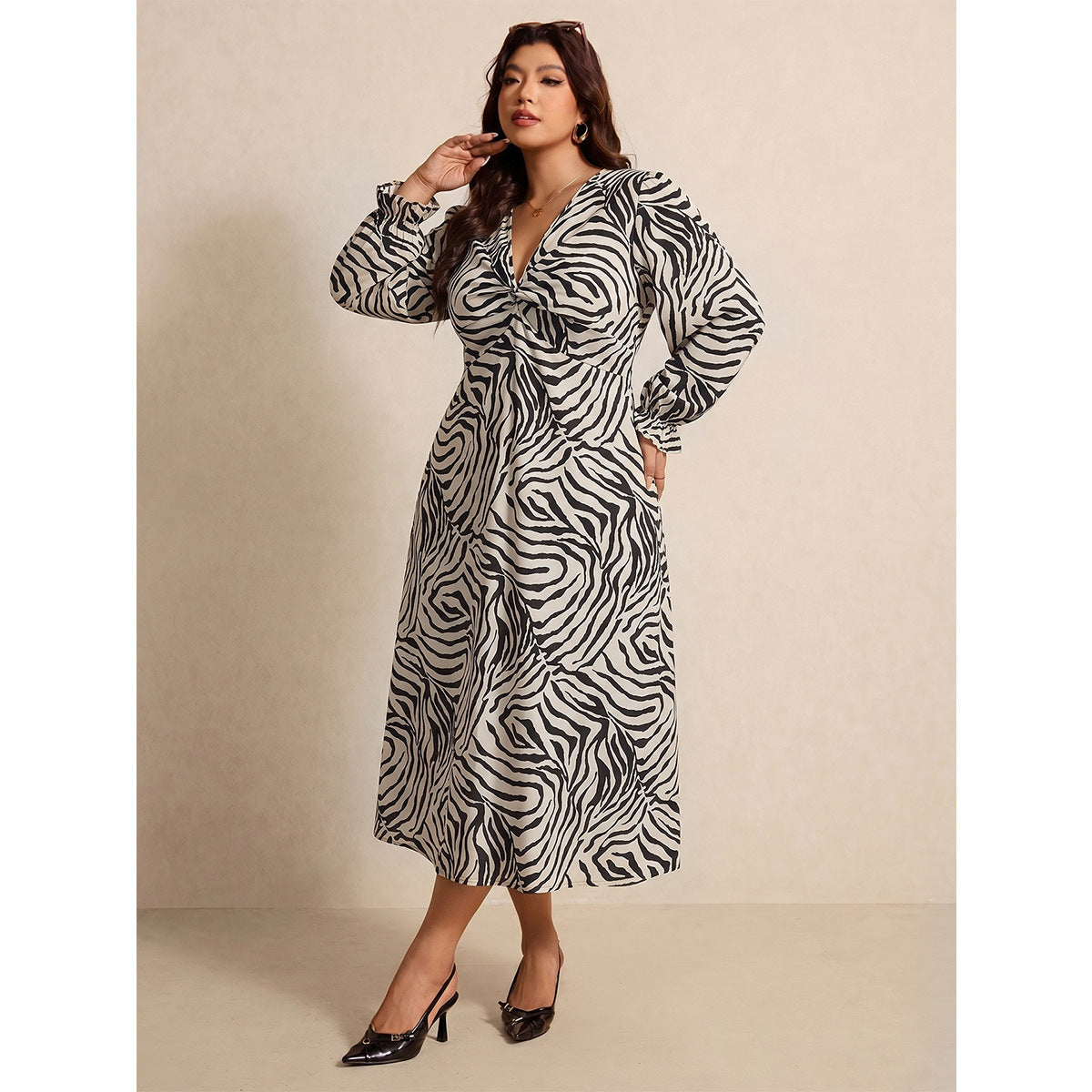 Plus Size Zebra Print V Neck Maxi Dress