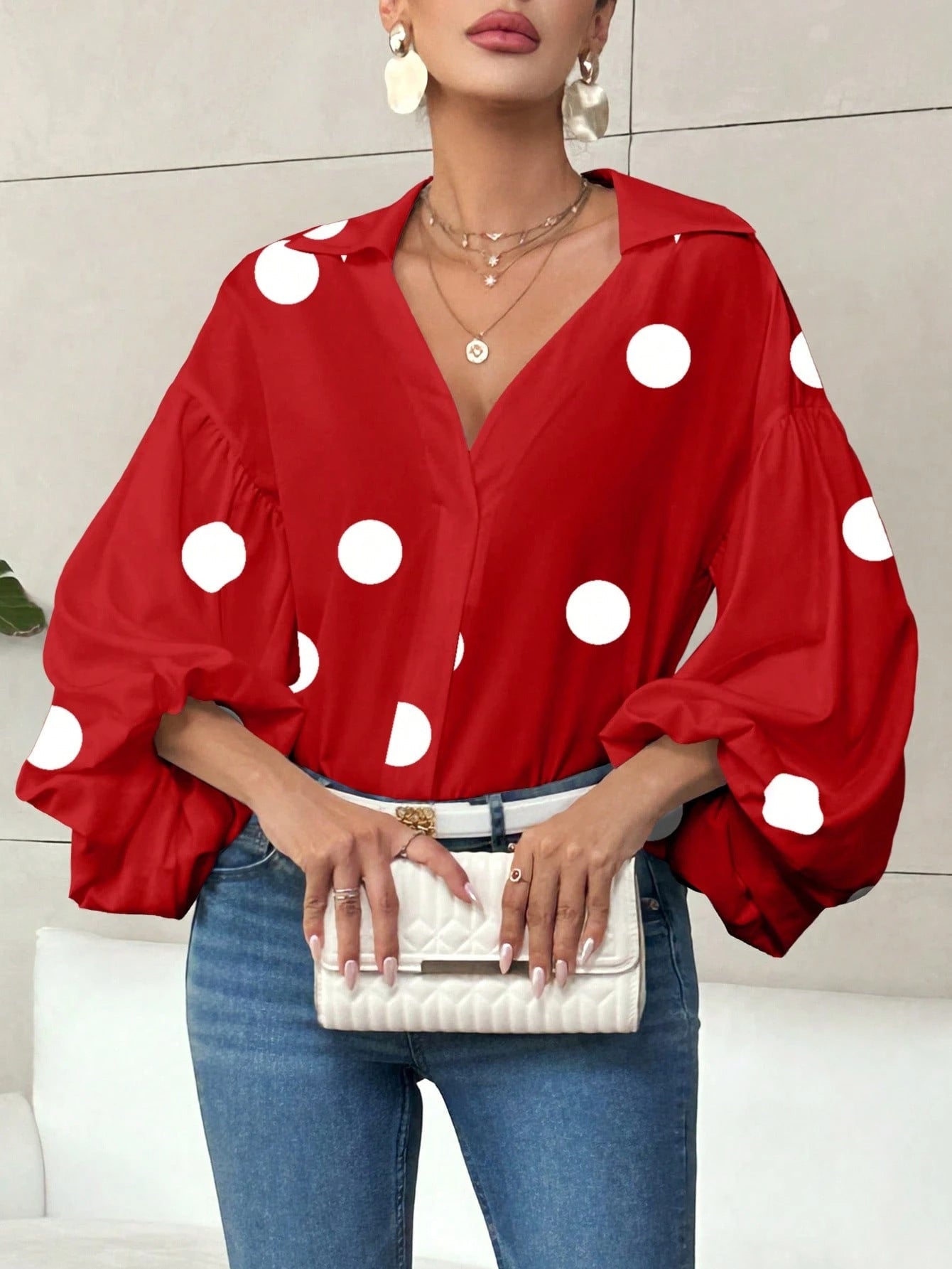 French Polka Dot Half-Open Collar Puff Sleeve Top