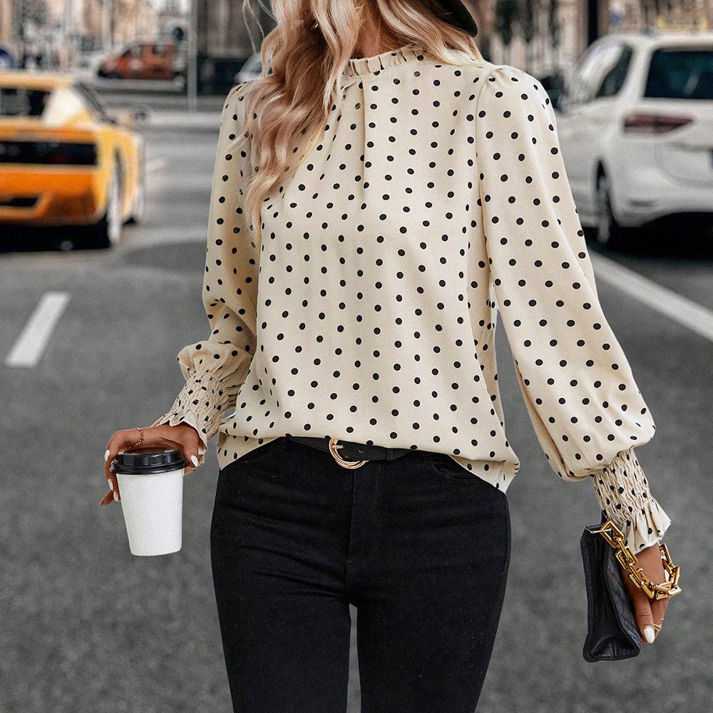 Polka Dot Tie Neck Chiffon Blouse for Women