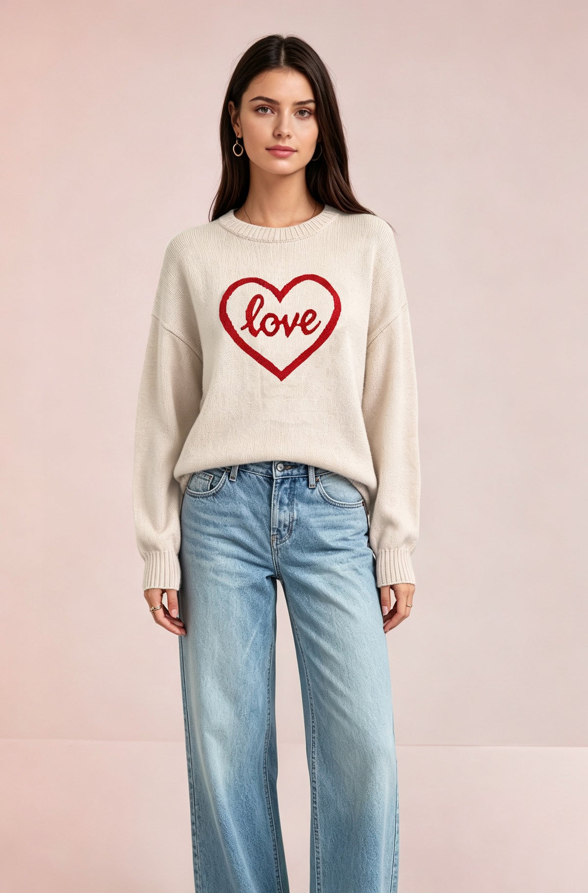 Women's Heart Graphic Crewneck Knit Pullover Sweater