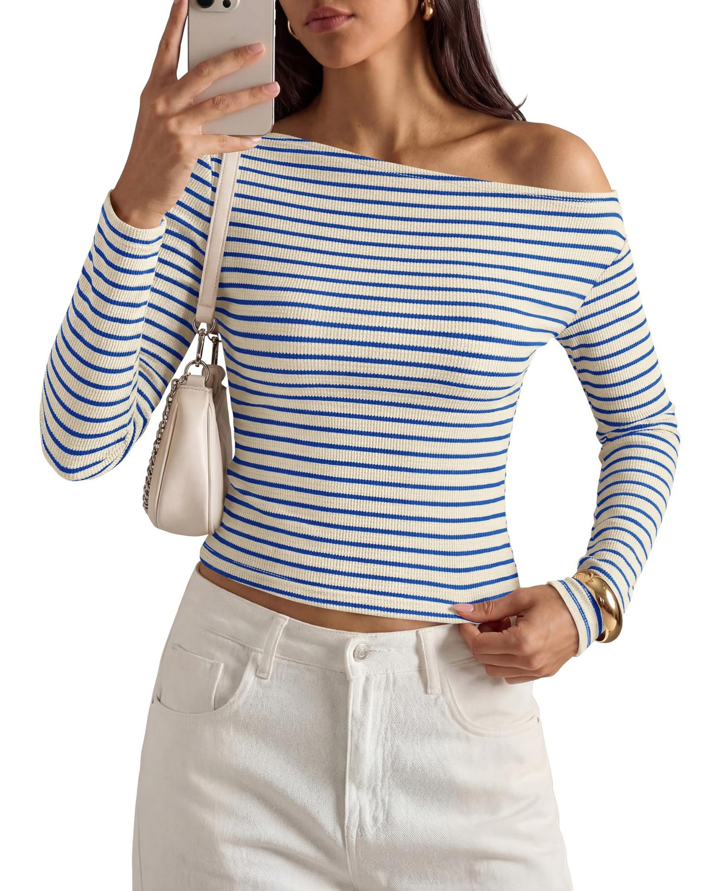 Ribbed Off Shoulder Striped Long Sleeve Knit Top