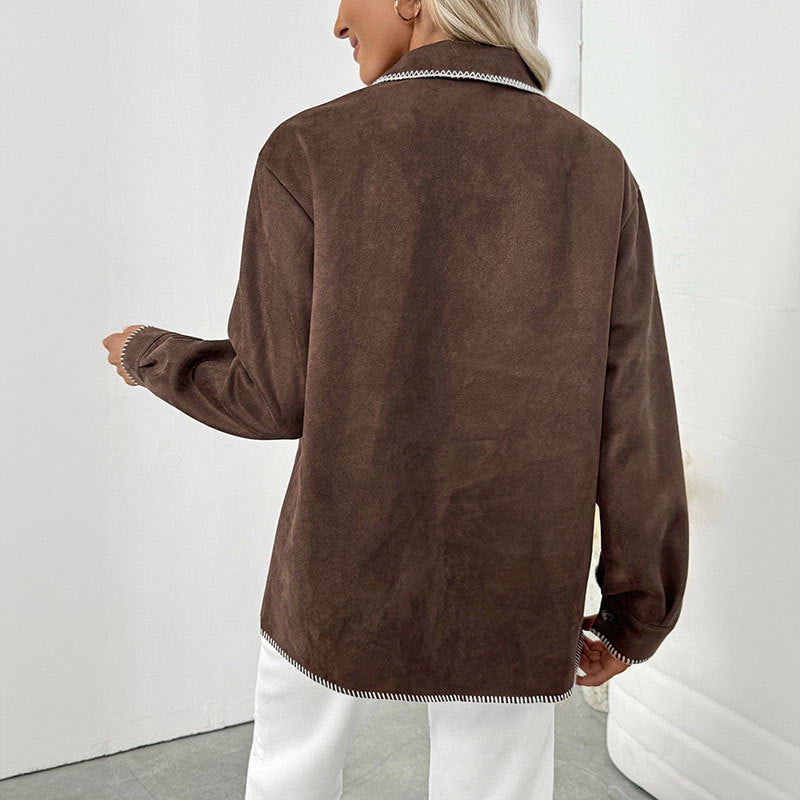 Vintage Contrast Trim Button Down Loose Shirt Jacket Women