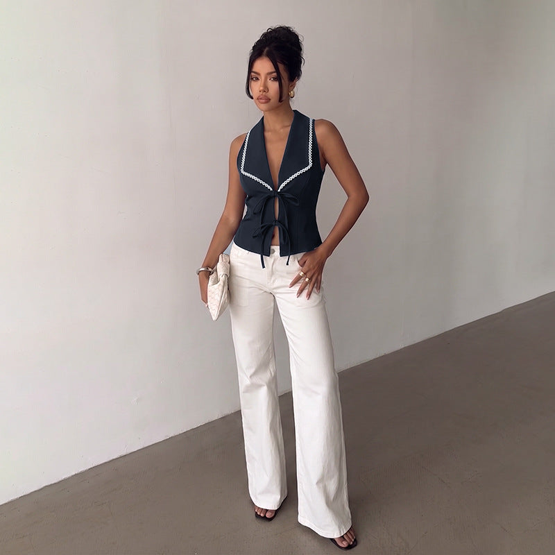 Navy Tie Front Sleeveless Sailor Collar Boutique Top