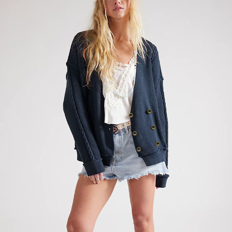 Women's Oversized V-Neck Double Breasted Knit Cardigan