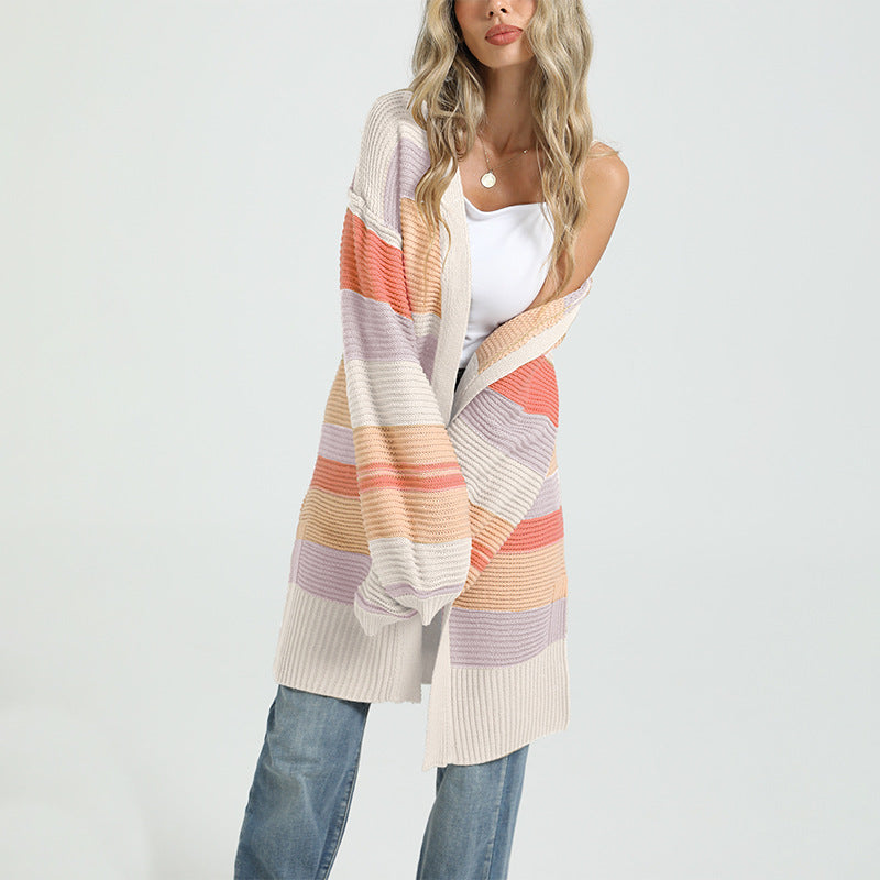 Oversized Color Block Chunky Knit Long Cardigan