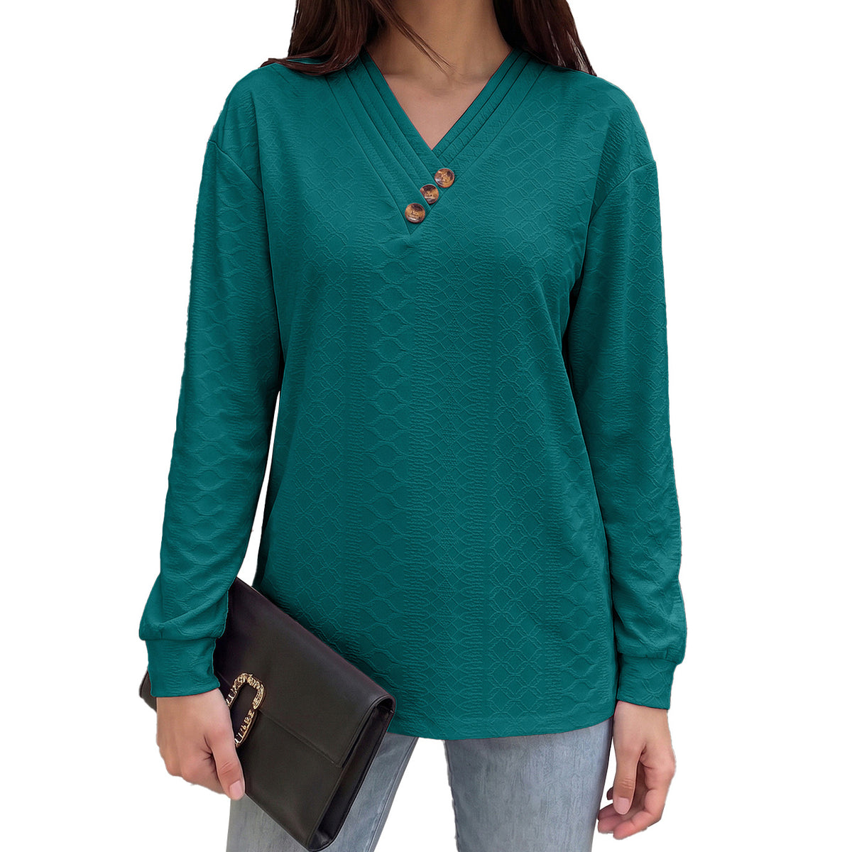 Women's V-Neck Button Detail Textured Long Sleeve Tunic Top