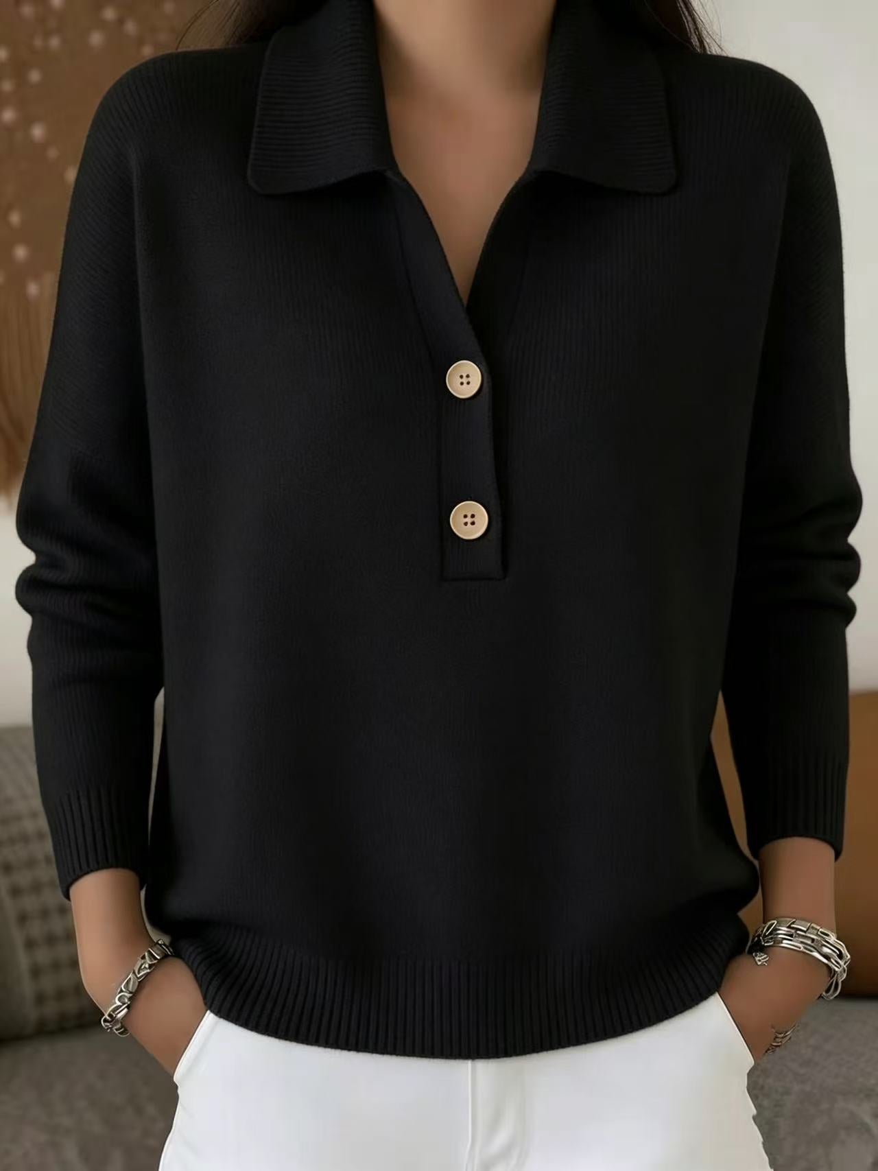 Solid Knit Polo Collar Sweater Button Front Relaxed Fit