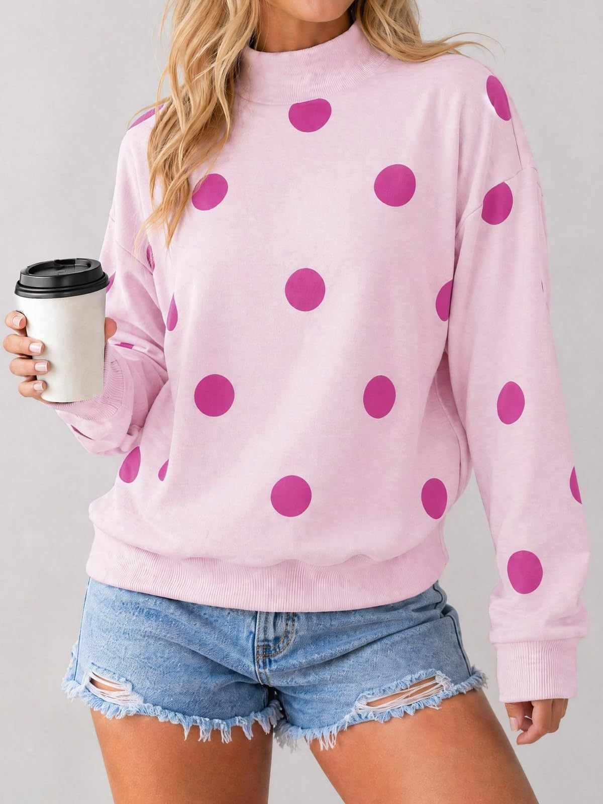 Women’s Oversized Polka Dot Crew Neck Sweatshirt Casual Drop Shoulder Pullover