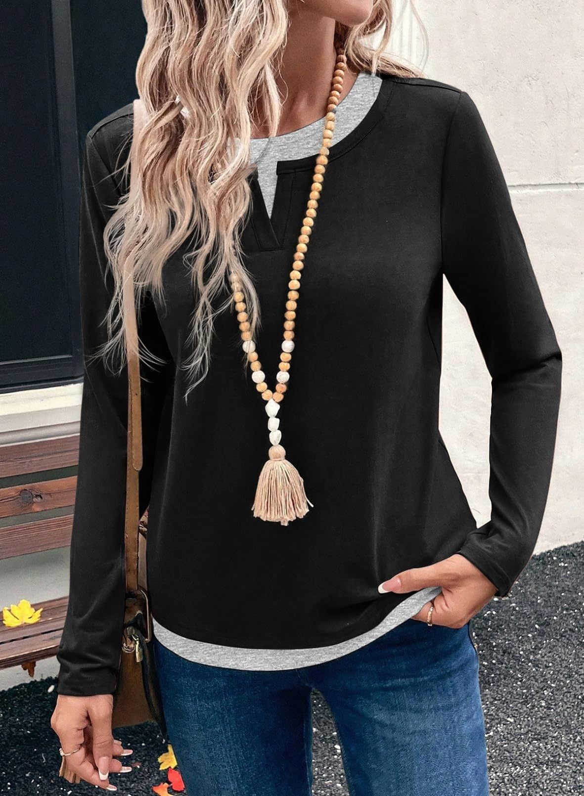Color Block Long Sleeve Top Layered Look Casual Tee