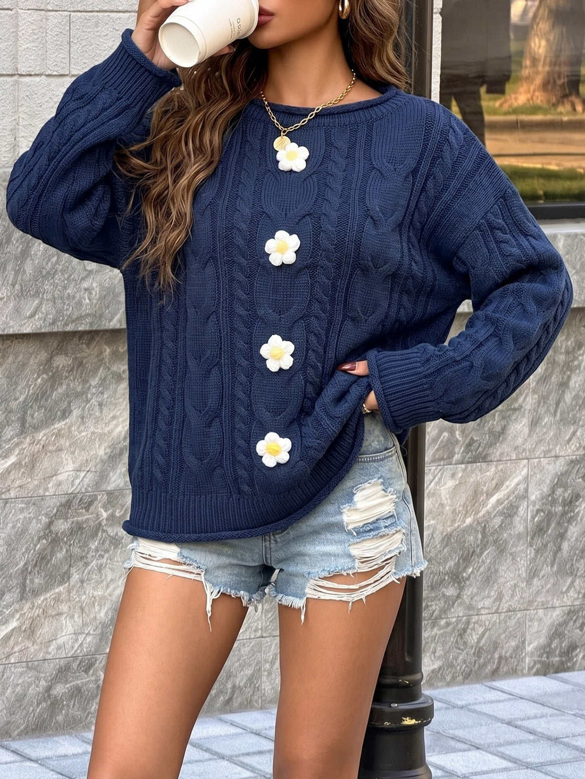 Women's Crochet Floral Sweater Off Shoulder Lantern Sleeve