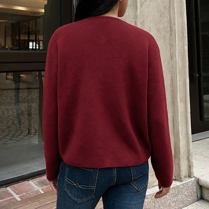 Women's Burgundy Crew Neck Gold Button Cardigan Sweater