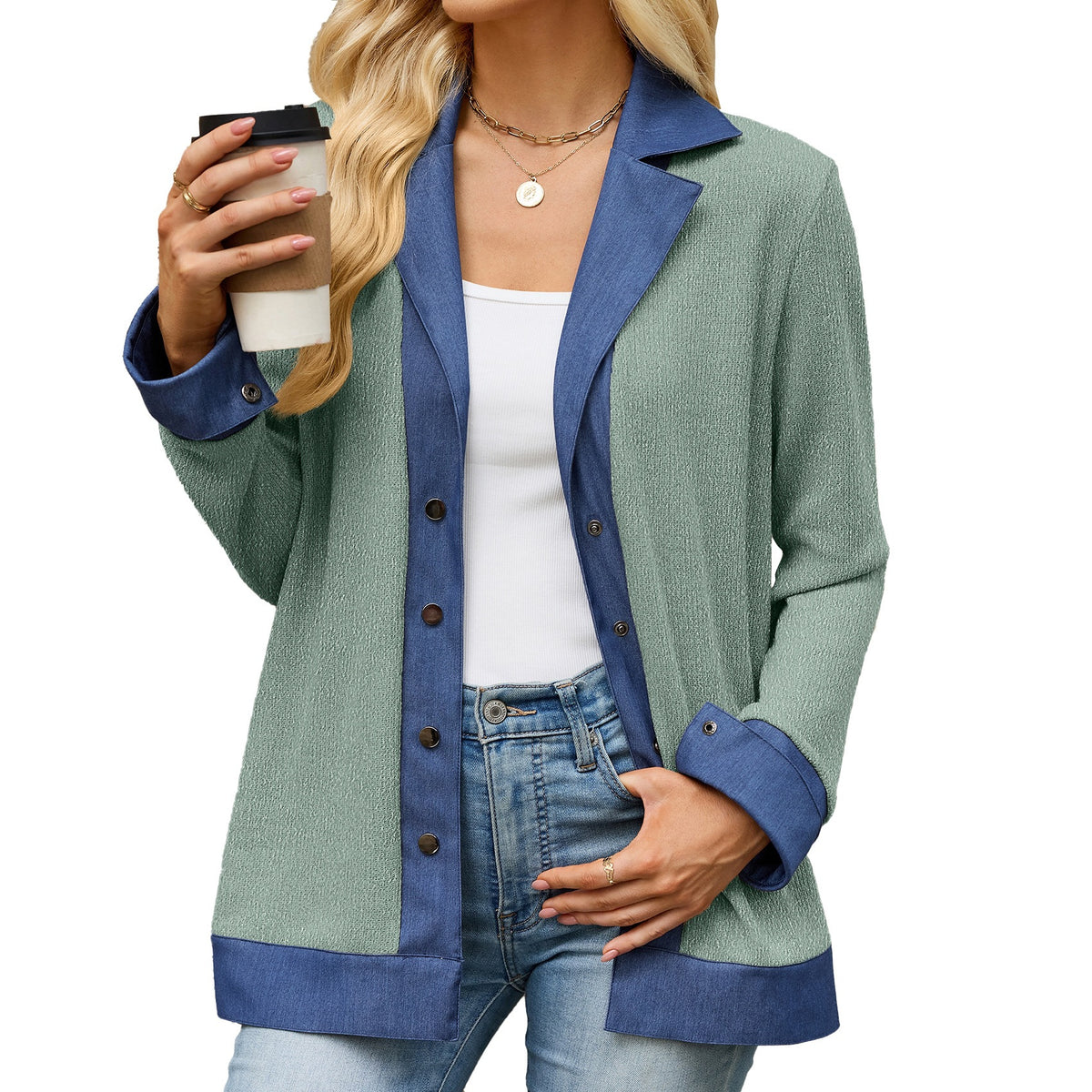 Women's Color Block Denim Trim Button Front Cardigan