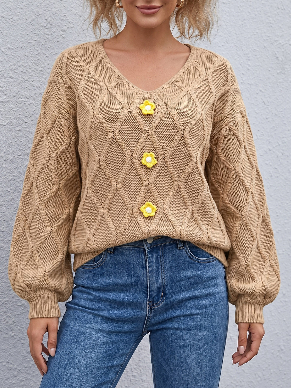 Women's V-Neck Cable Knit Sweater Floral Balloon Sleeve