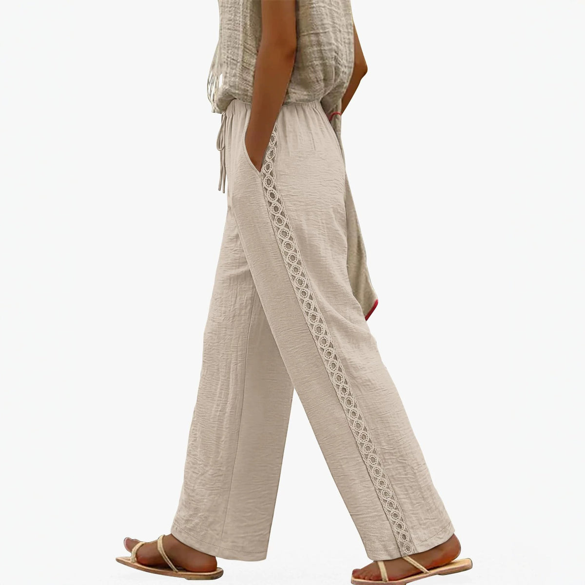 Women Lace Trim Drawstring Wide Leg Casual Pants