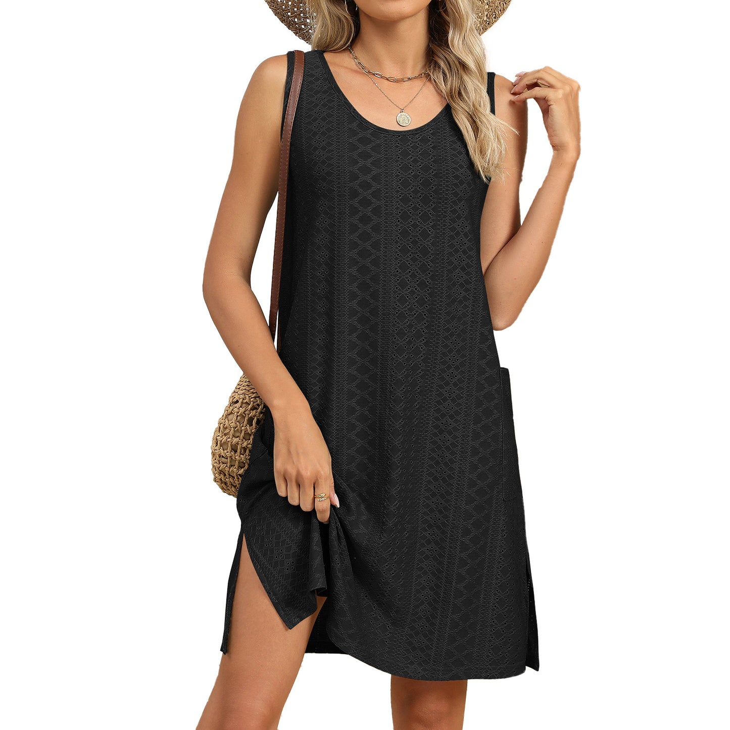 Solid Color Round Neck Tank Dress with Side Pockets
