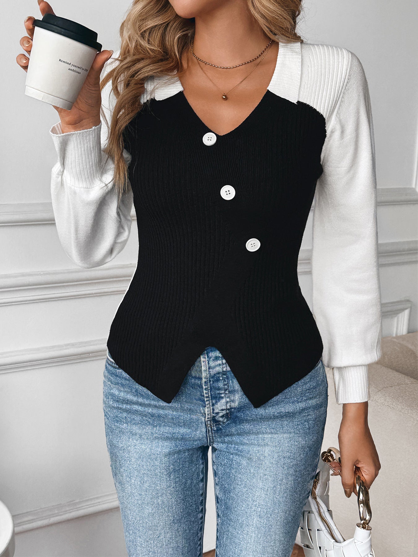 Black White Colorblock V Neck Long Sleeve Knit Sweater