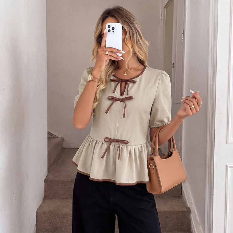 Solid Textured Top Peplum Bow Puff Sleeve