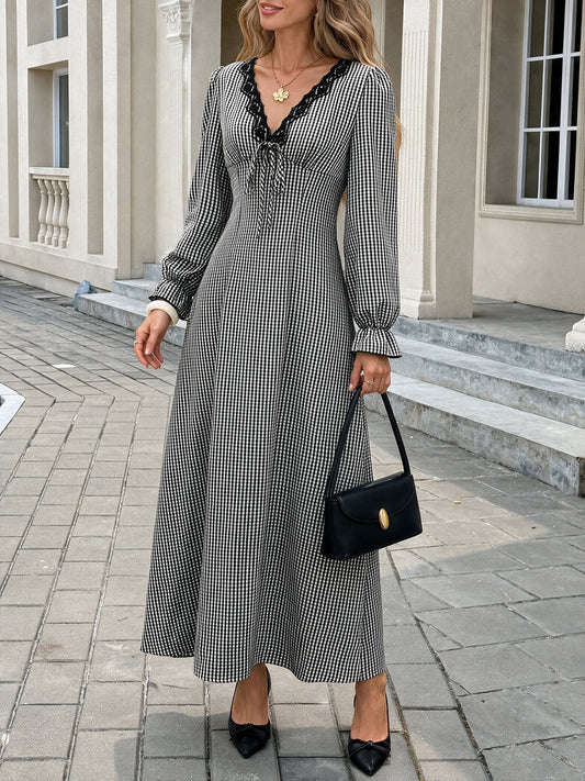 Women's Black Plaid V-Neck Lace Trim Long Sleeve Maxi Dress