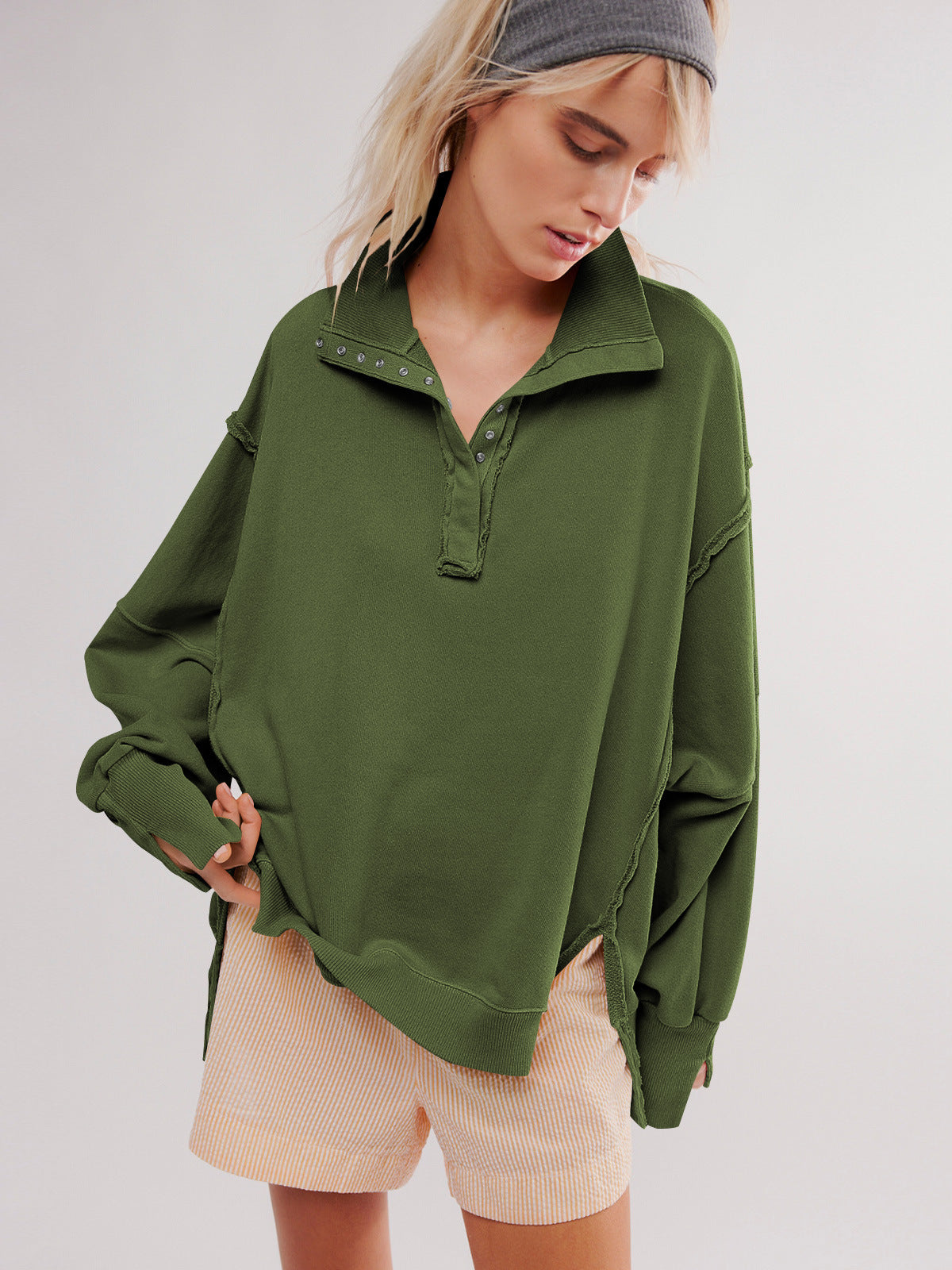 Oversized Collared Balloon Sleeve Split Hem Sweatshirt
