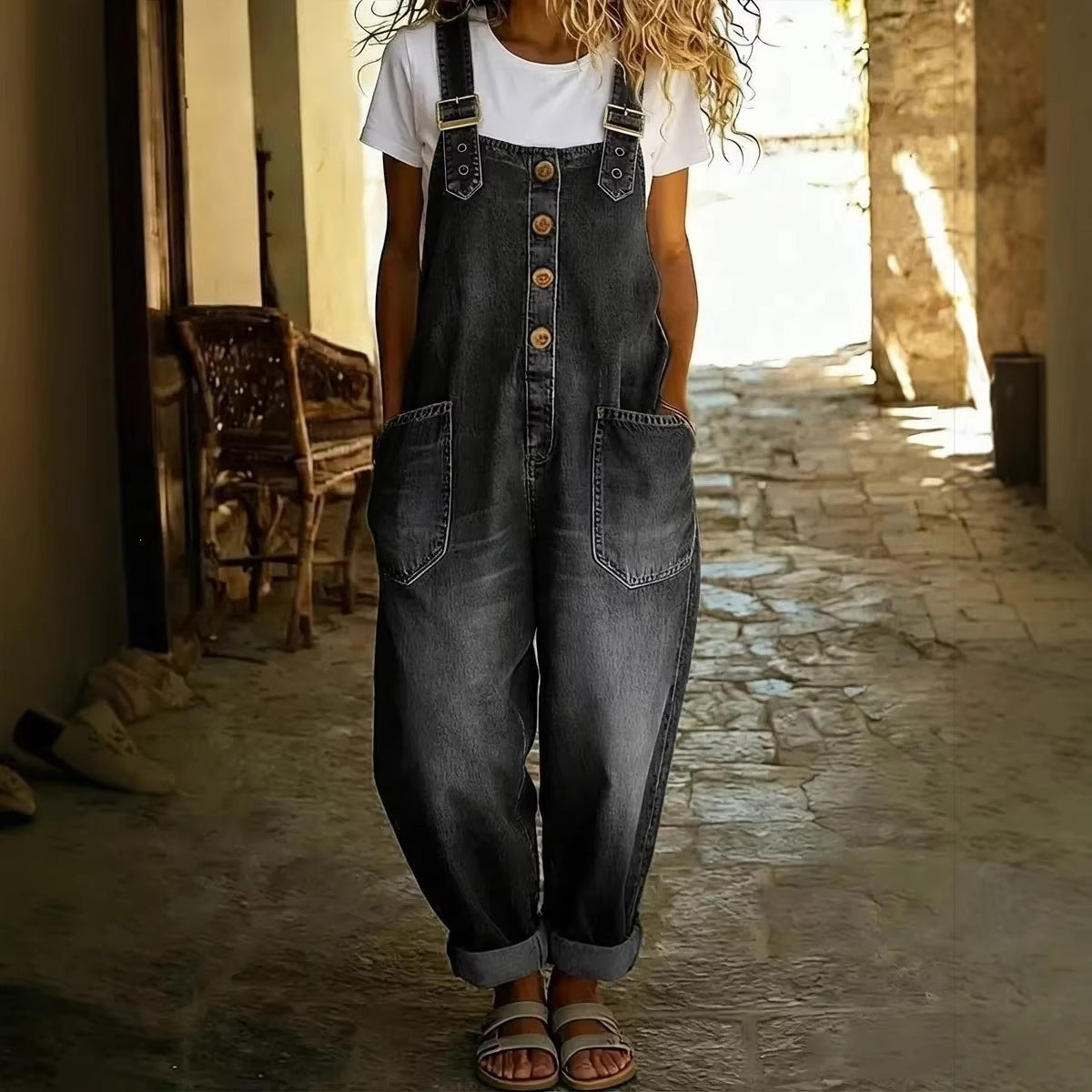 Washed Denim Overalls Adjustable Strap Relaxed Fit
