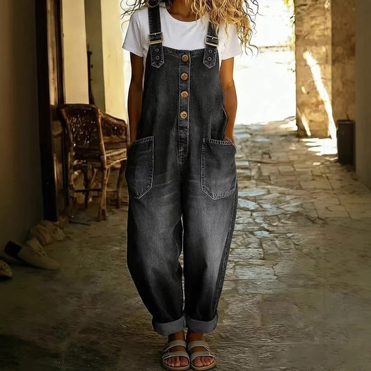 Washed Denim Overalls Adjustable Strap Relaxed Fit