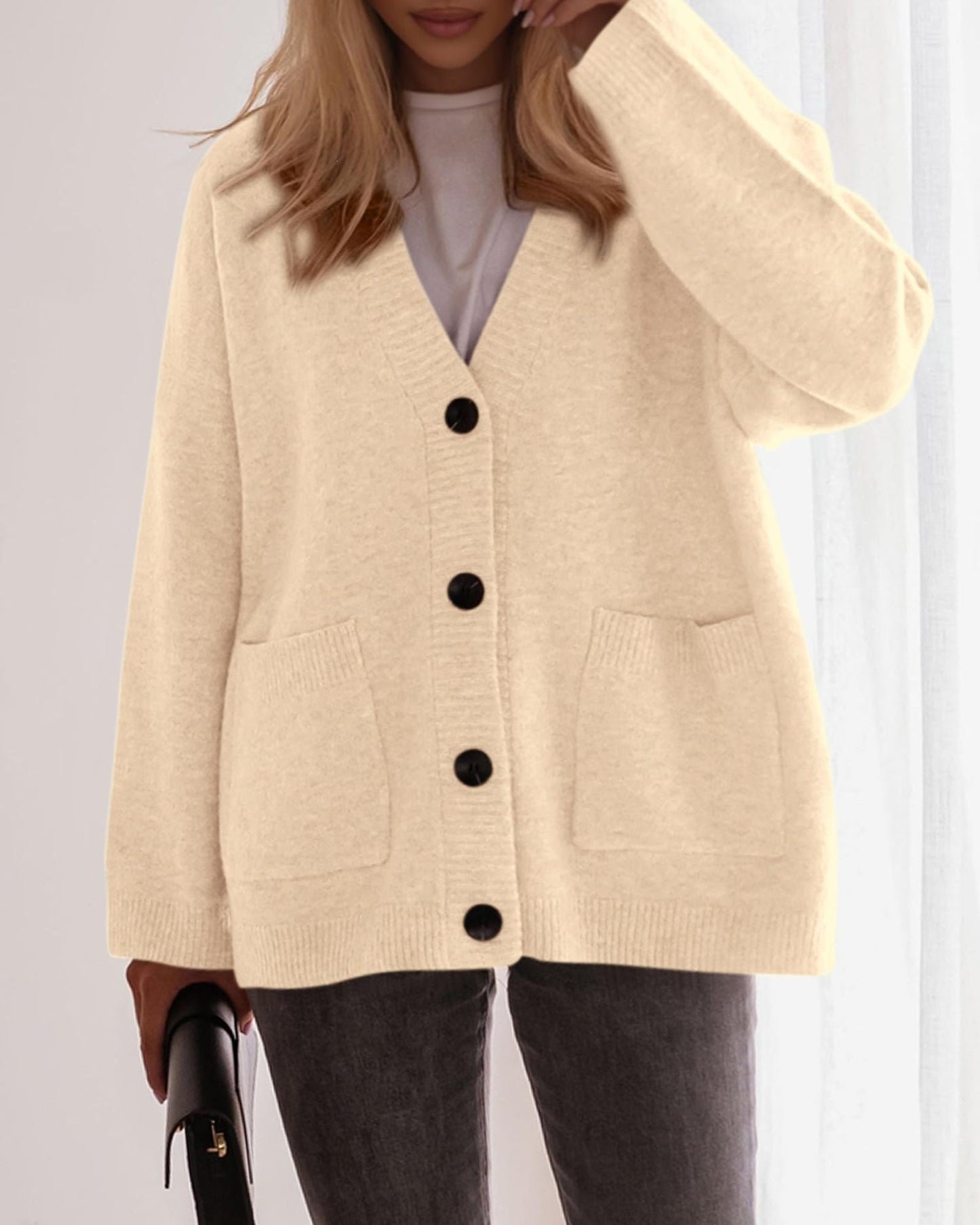 Solid Knit Cardigan Casual Oversized Pocket Button-Up