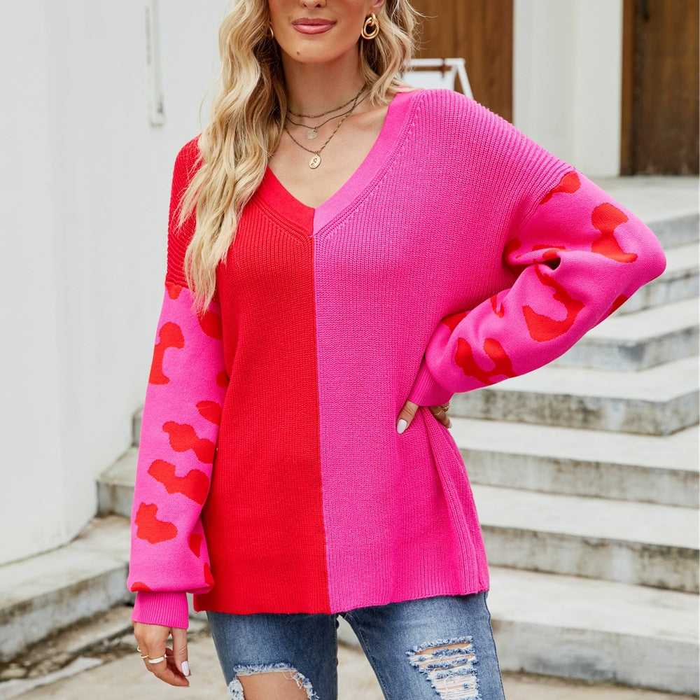 Leopard Colorblock V-Neck Pullover Sweater for Women