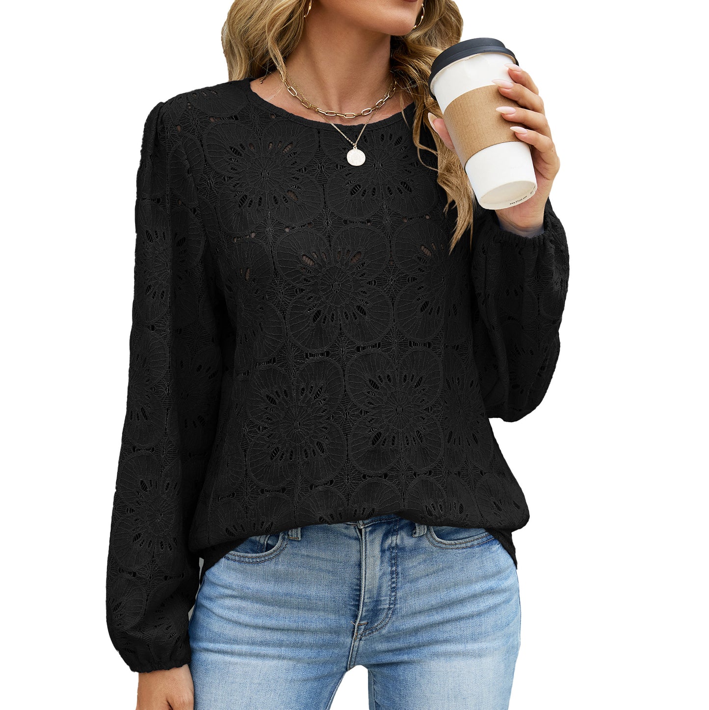 Eyelet Lace V Neck Top Long Sleeve Loose Casual Blouse