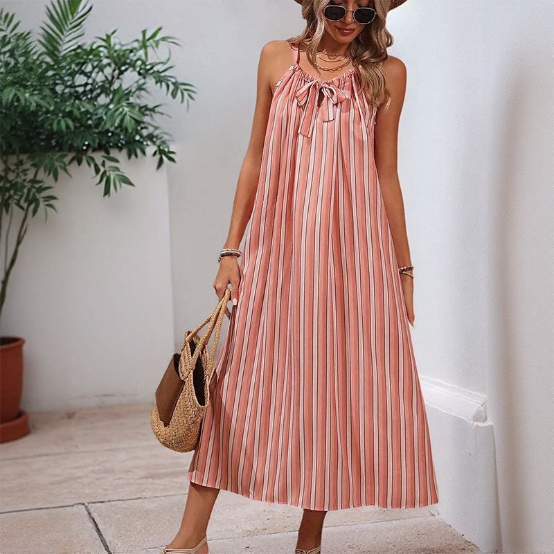 Striped Tie Neck Sleeveless Loose Fit Midi Dress Summer