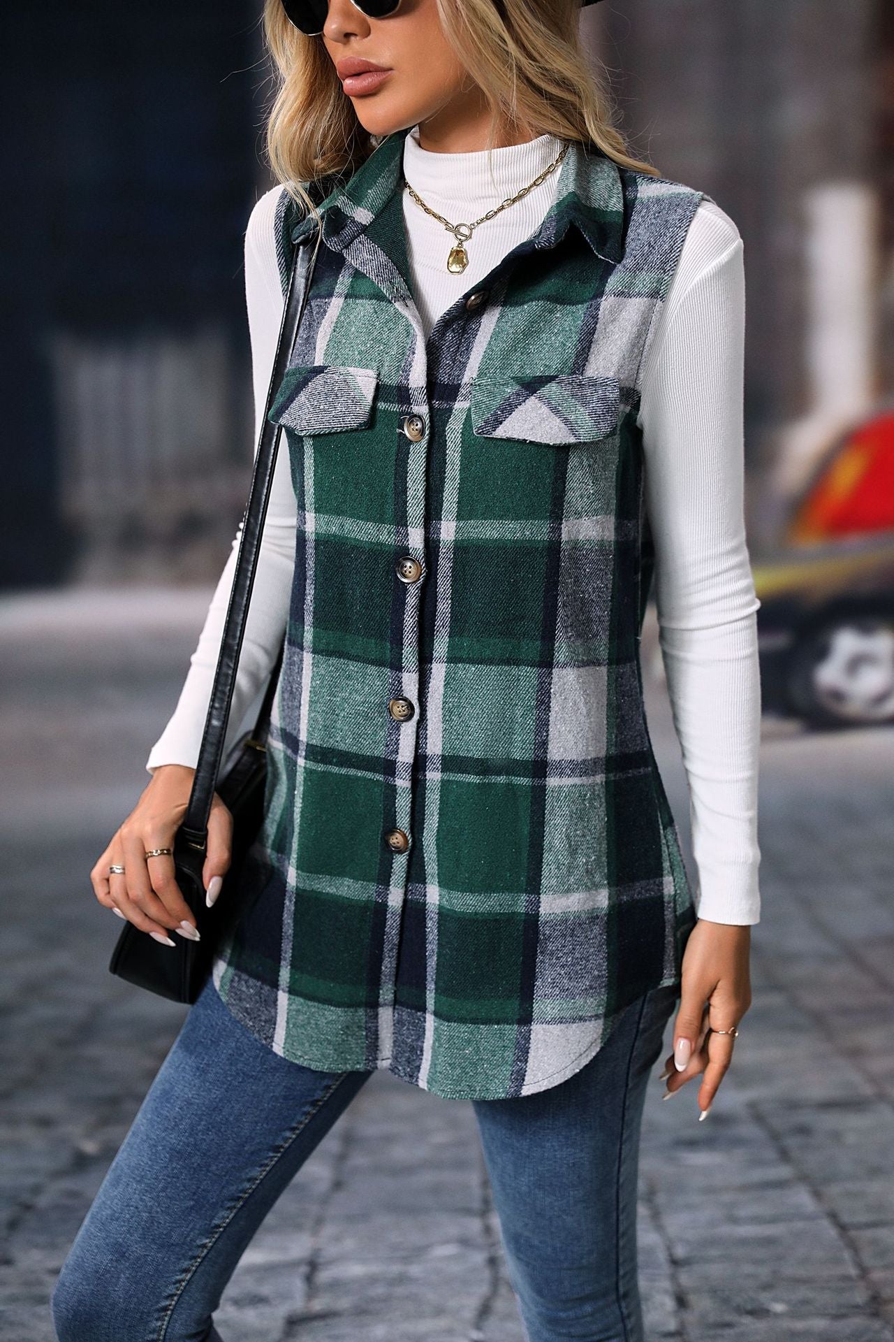 Plaid Shacket Vest with Pockets, Sleeveless Oversized