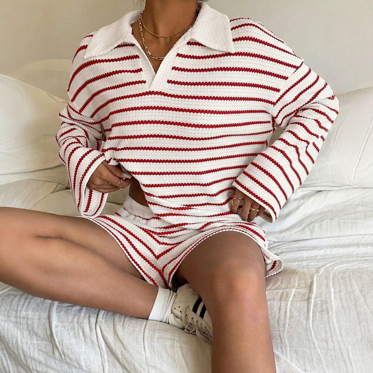 Striped Polo Lounge Set Resort Textured Collared Oversized