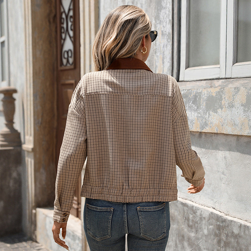 Plaid Contrast Collar Zipper Jacket Women Casual Fall Coat