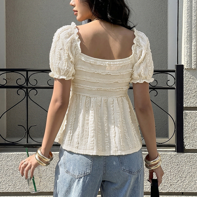 Solid Textured Top Babydoll V Neck Puff Sleeve