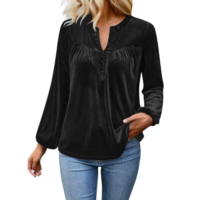 Velvet Henley Top Button Front Long Sleeve Relaxed Fit