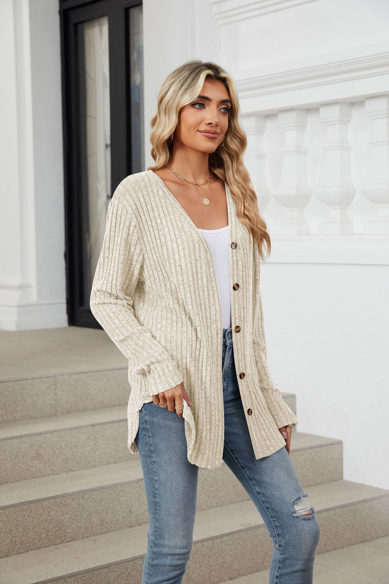 Solid Color Long Sleeve Button Cardigan Knitted