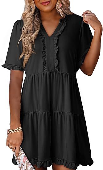 Green V Neck Ruffle Trim A Line Tiered Mini Dress