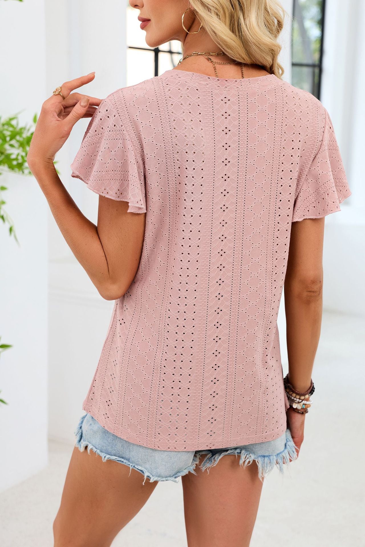 V Neck Flutter Sleeve Eyelet Top Casual Summer Blouse