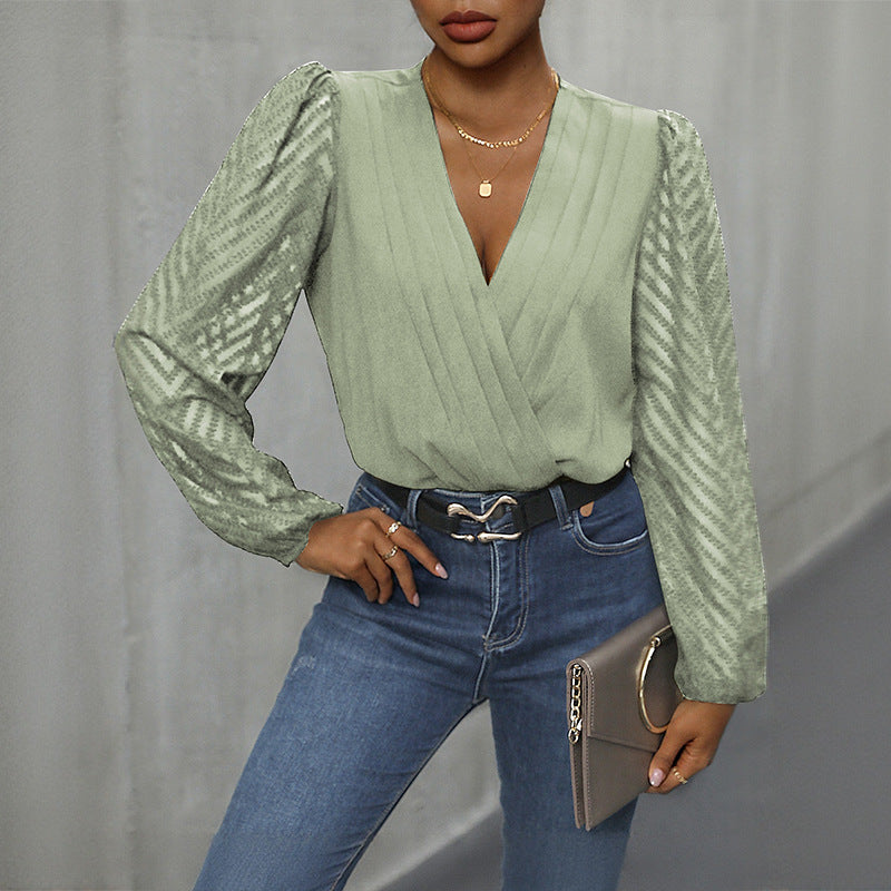 Elegant V Neck Lace Long Sleeve Bodysuit for Women