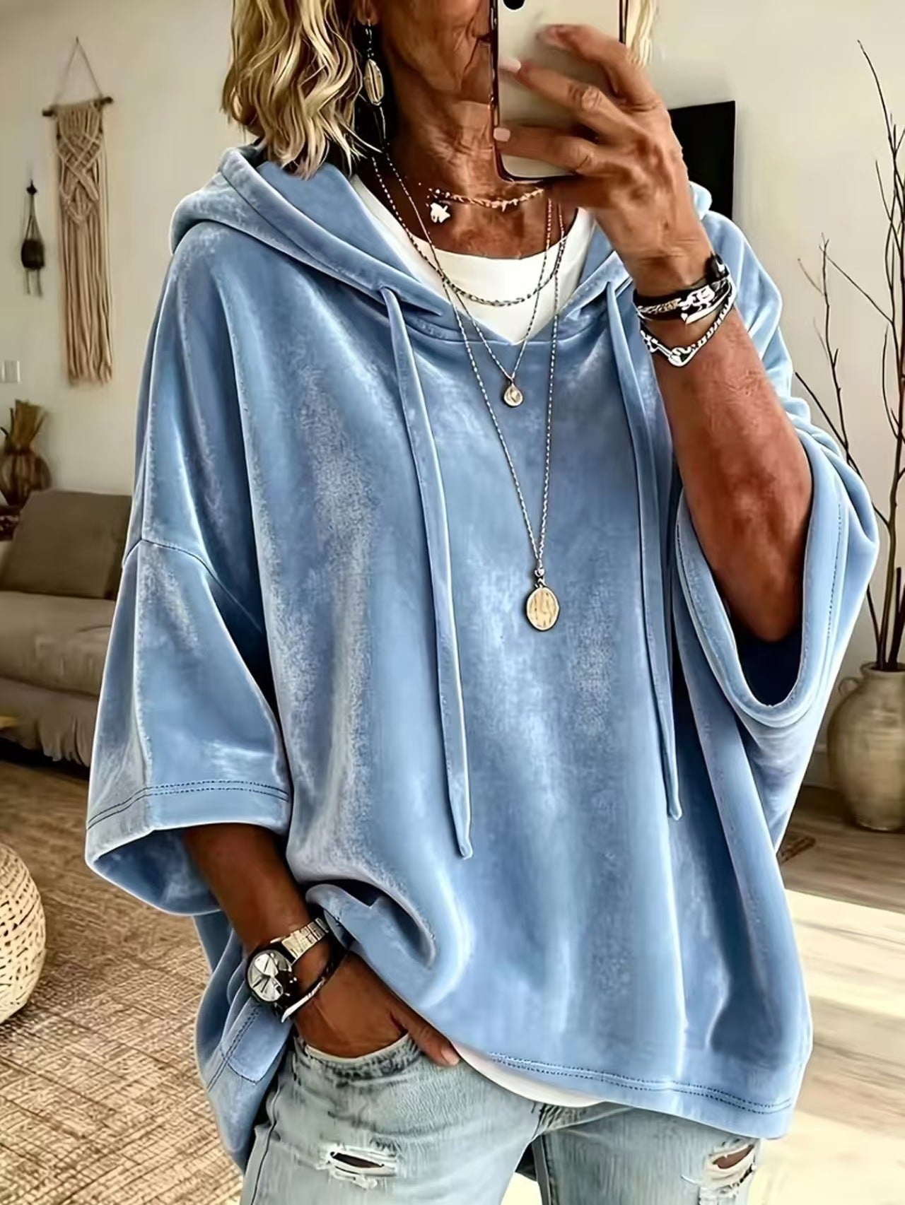 Women’s Oversized V Neck Hooded Sweatshirt 3/4 Sleeve Pullover