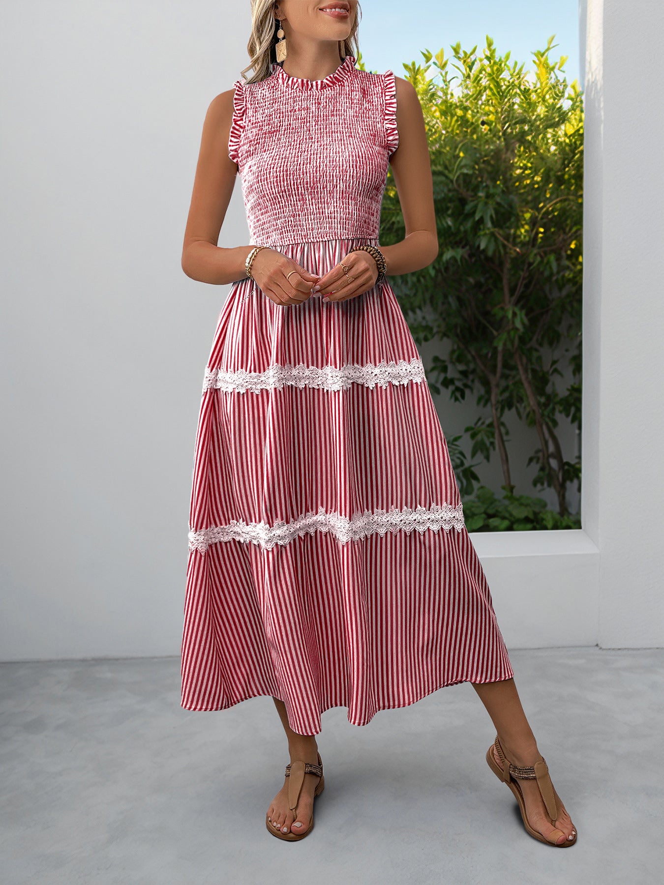 Striped Lace Trim Sleeveless Midi Dress for Summer