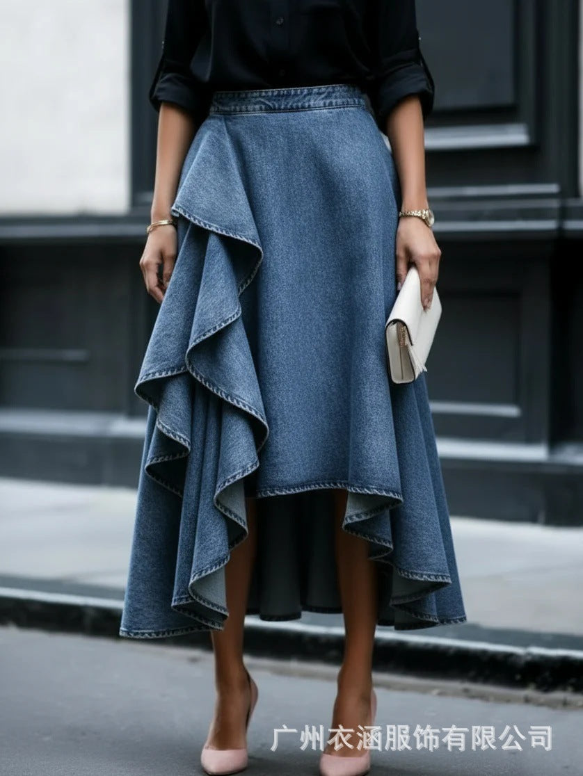 Asymmetrical Ruffle High Waist Denim Midi Skirt