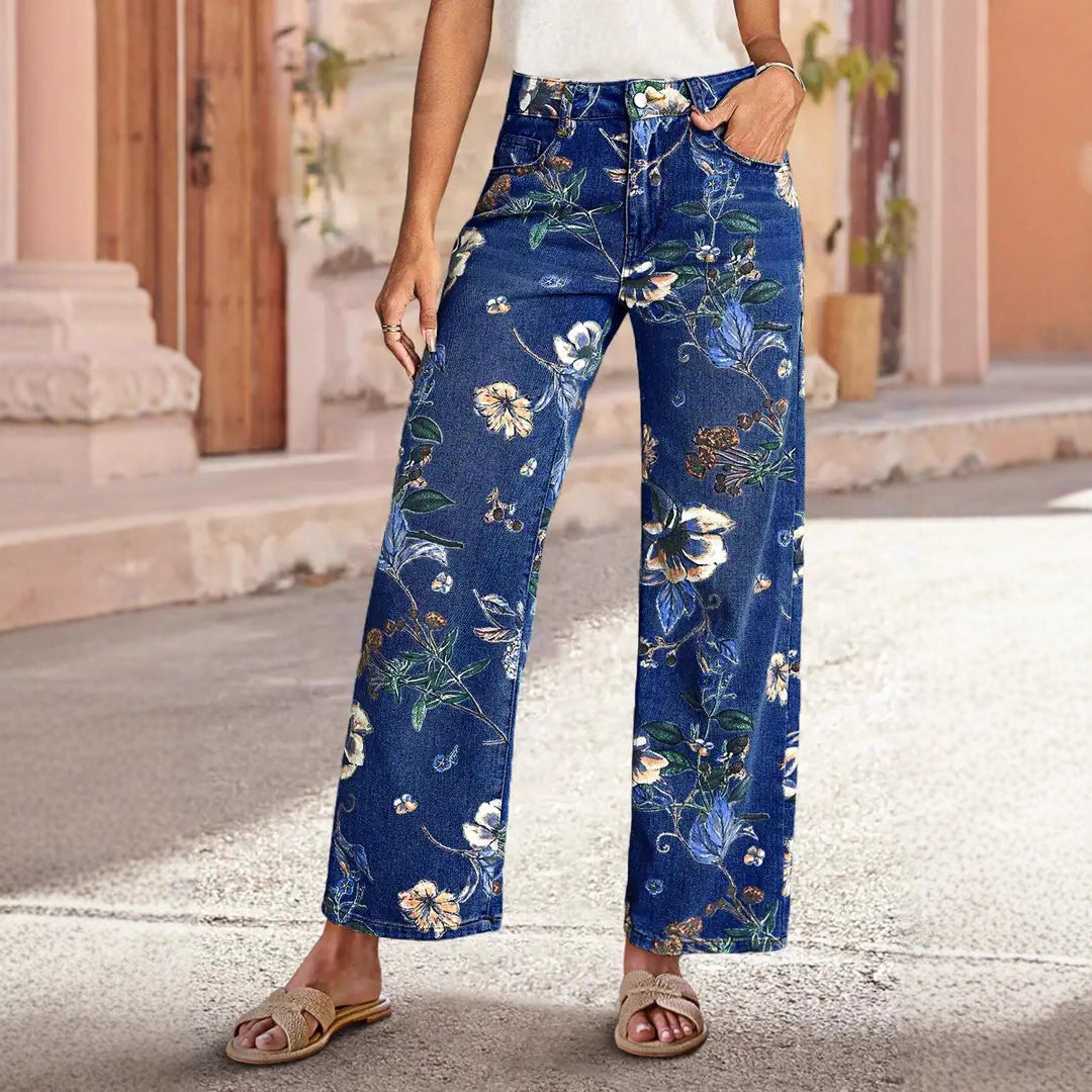 Floral Print Wide Leg High Waist Denim Jeans