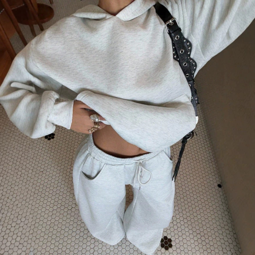 Grey Hooded Sweatshirt Wide Leg Pants Set