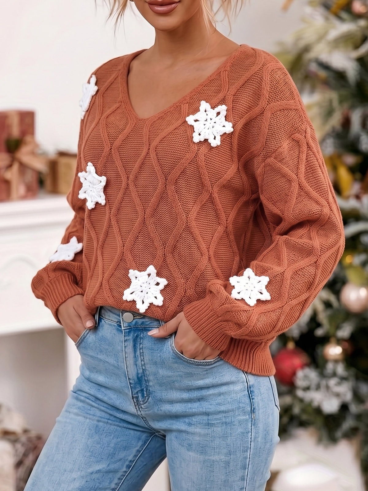 Women's V Neck Cable Knit Snowflake Christmas Sweater